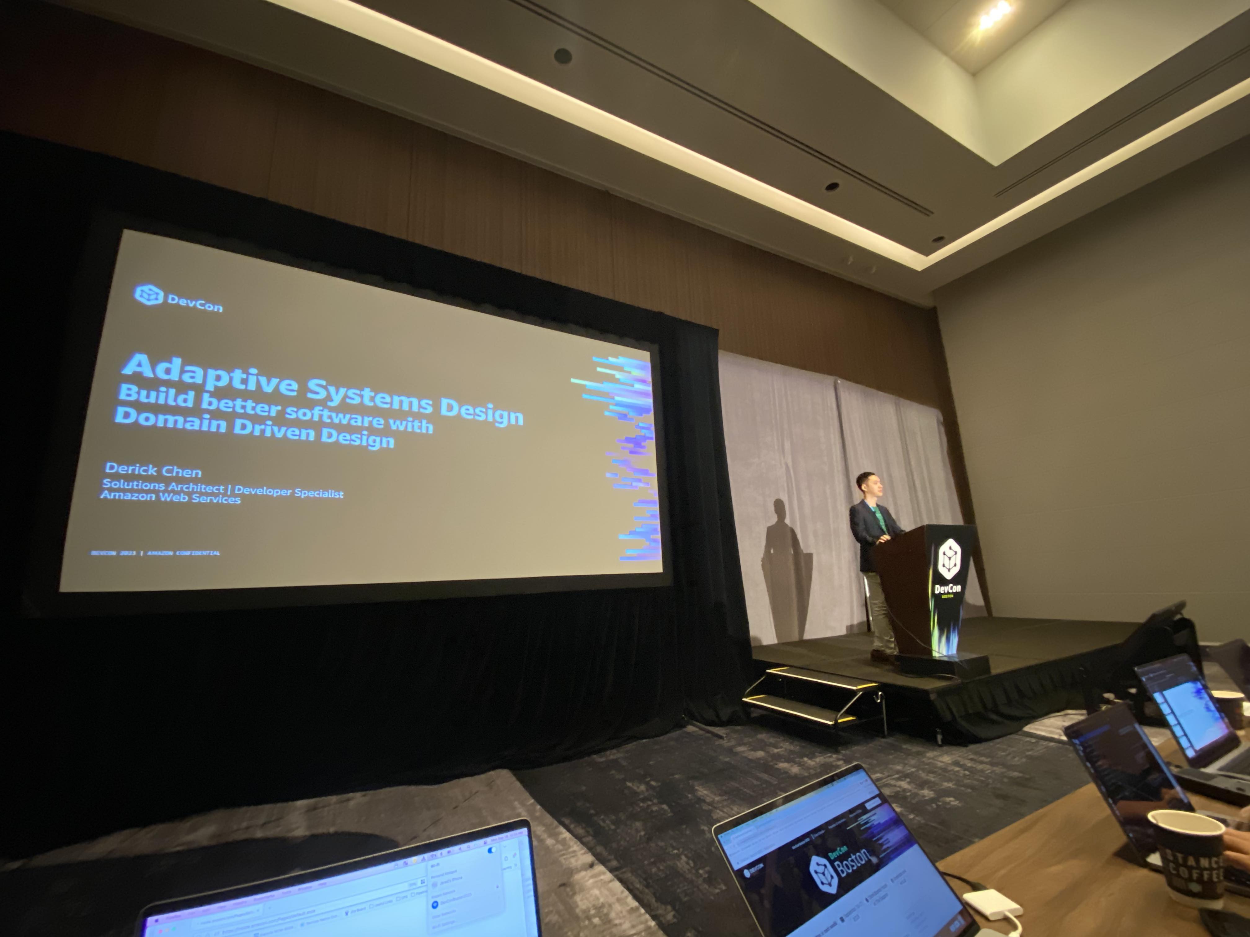 DevCon conference workshop presentation - Derick Chen - presenting on stage