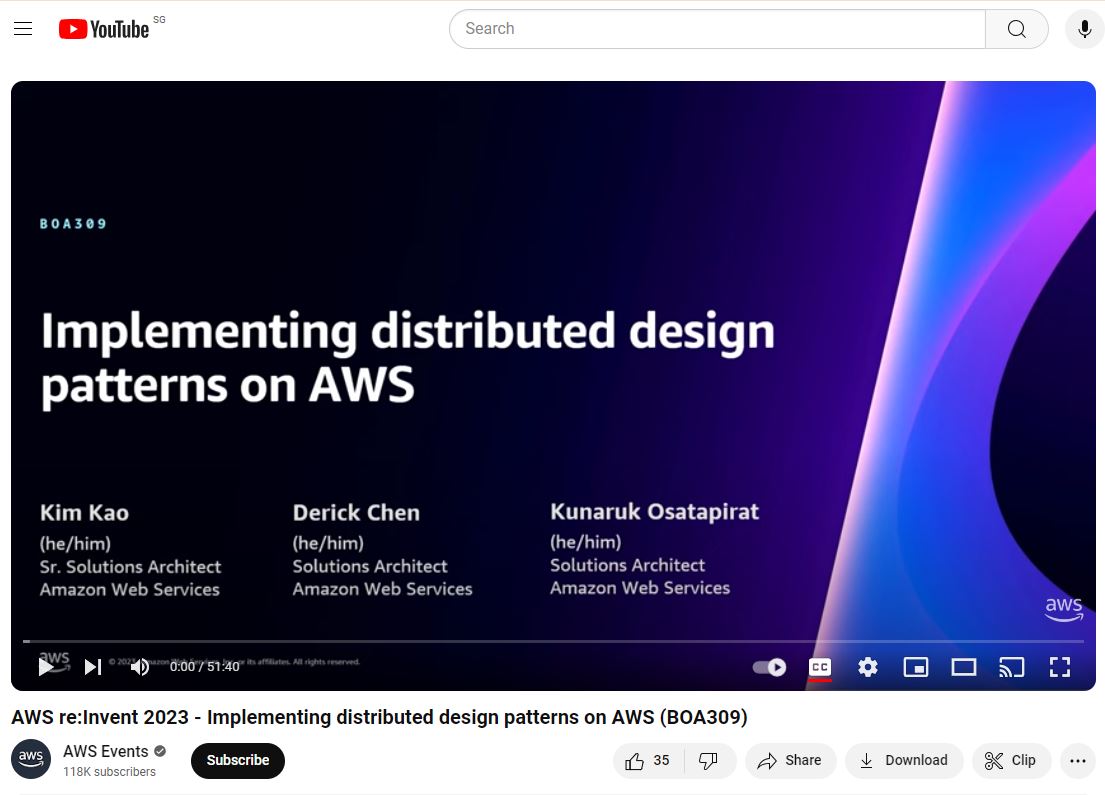 re:Invent conference Youtube Recording - Derick Chen - Implementing distributed design patterns on AWS (BOA309)